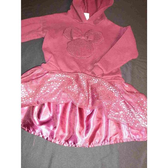Girls 5T Disney Jr Minnie Mouse Burgandy Silver Metallic Stars Hooded Dress - Picture 4 of 5